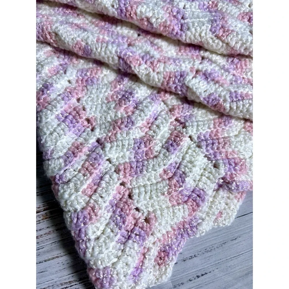 Handmade Crochet Baby Blanket 38x30 Pink Purple White Chevron Zig Zag Soft